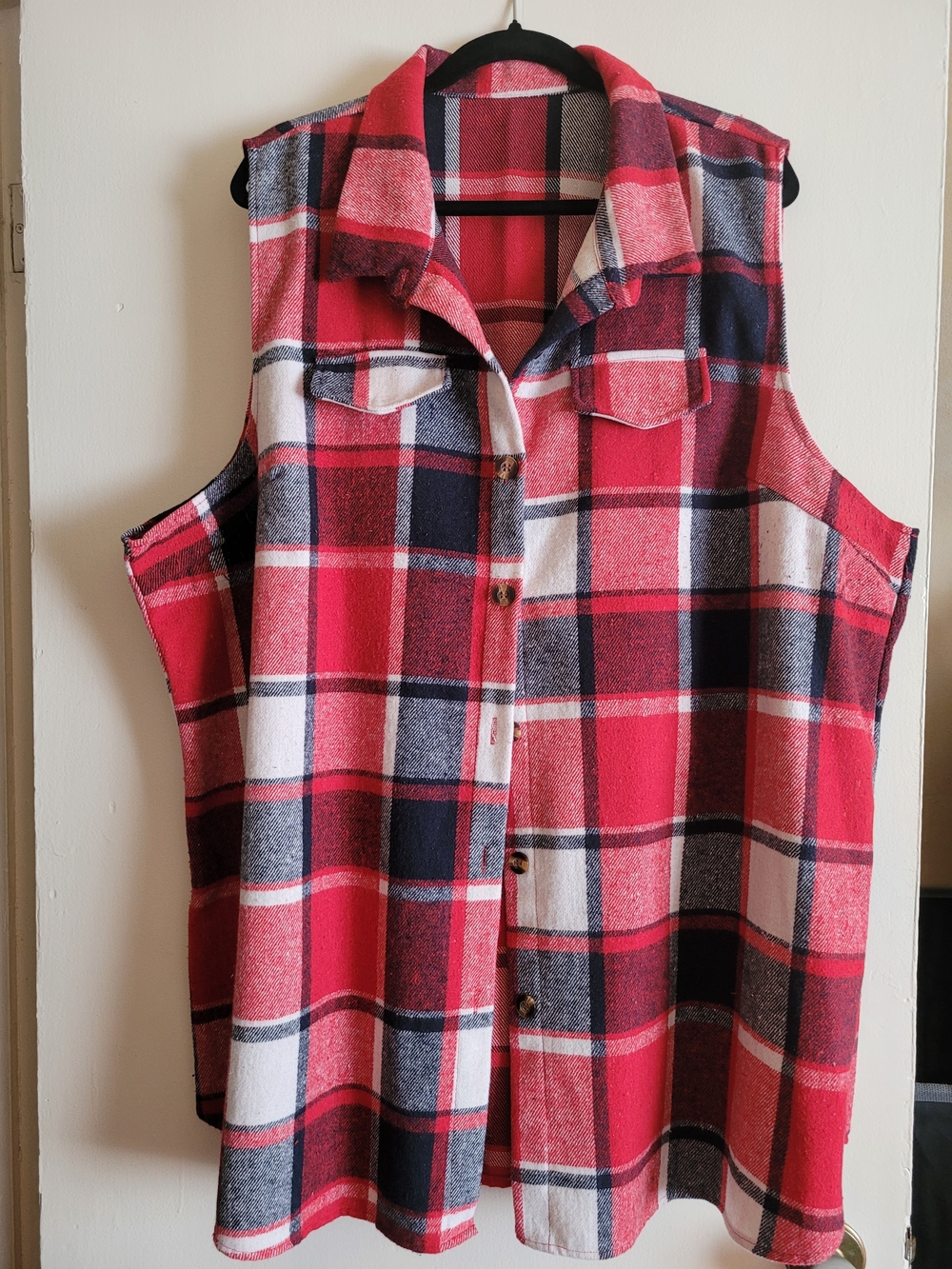 Red Plaid Sleeveless Button-Up Shacket- Unbranded